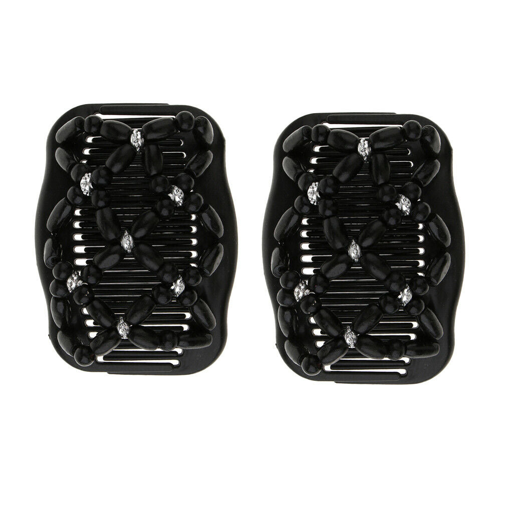 2 Double Slide Hair Comb Ladies Stretchy  Wood Beads Hair Clip Hair Styling