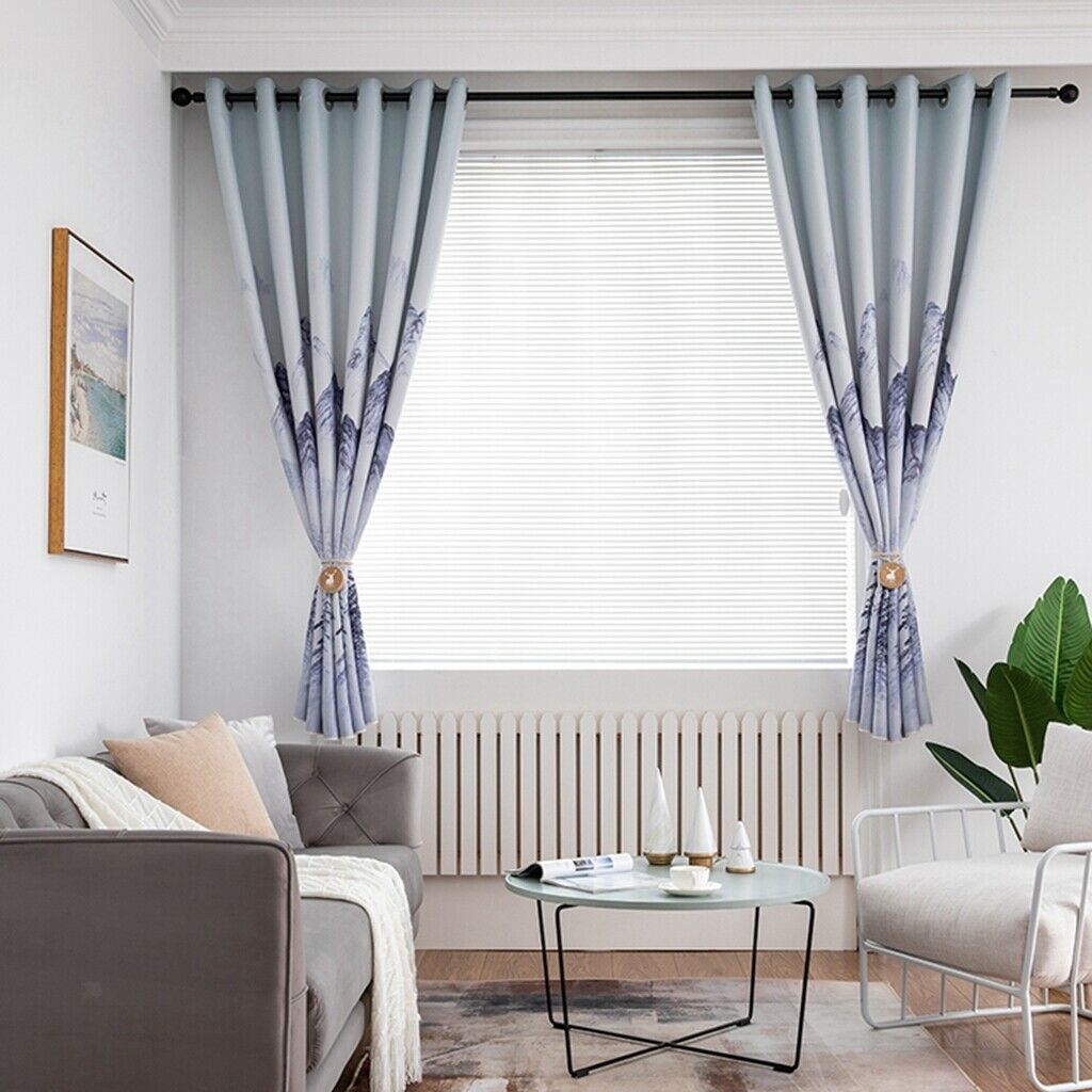 Punching Thicken Printing Curtain Blackout Drapes100x200cm Blue landscape