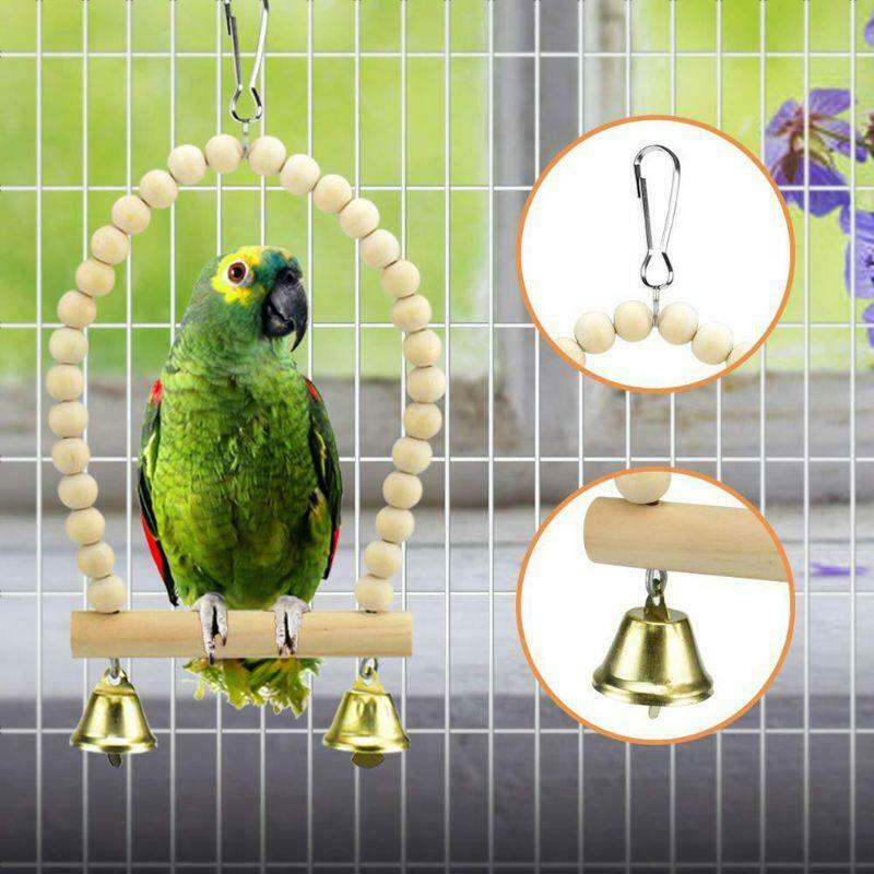 7Pcs Parrot Chew Toys Natural Wood Bird Swing Climbing Hanging Perch Bell Ball
