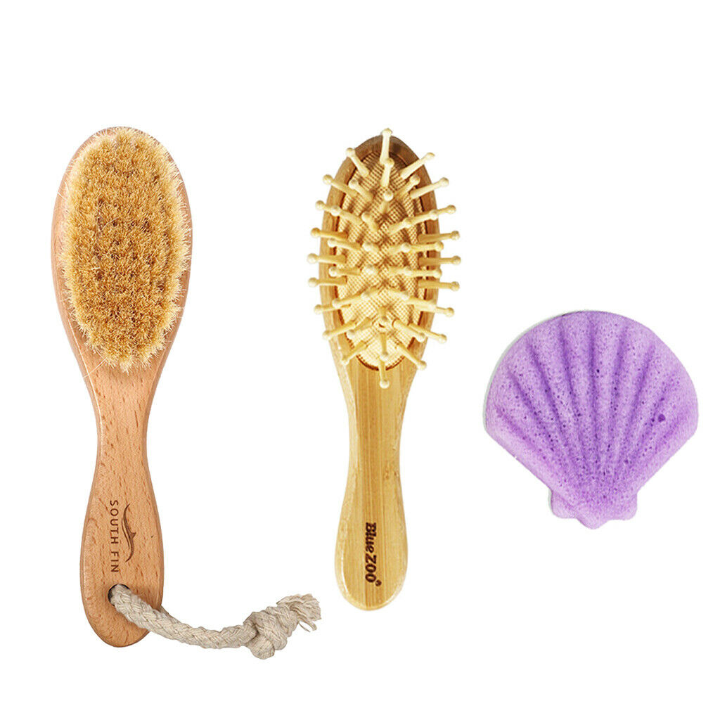 3x Goats Hair Bristle Body Newborn Brush Skin Massage Handle Natural Wooden