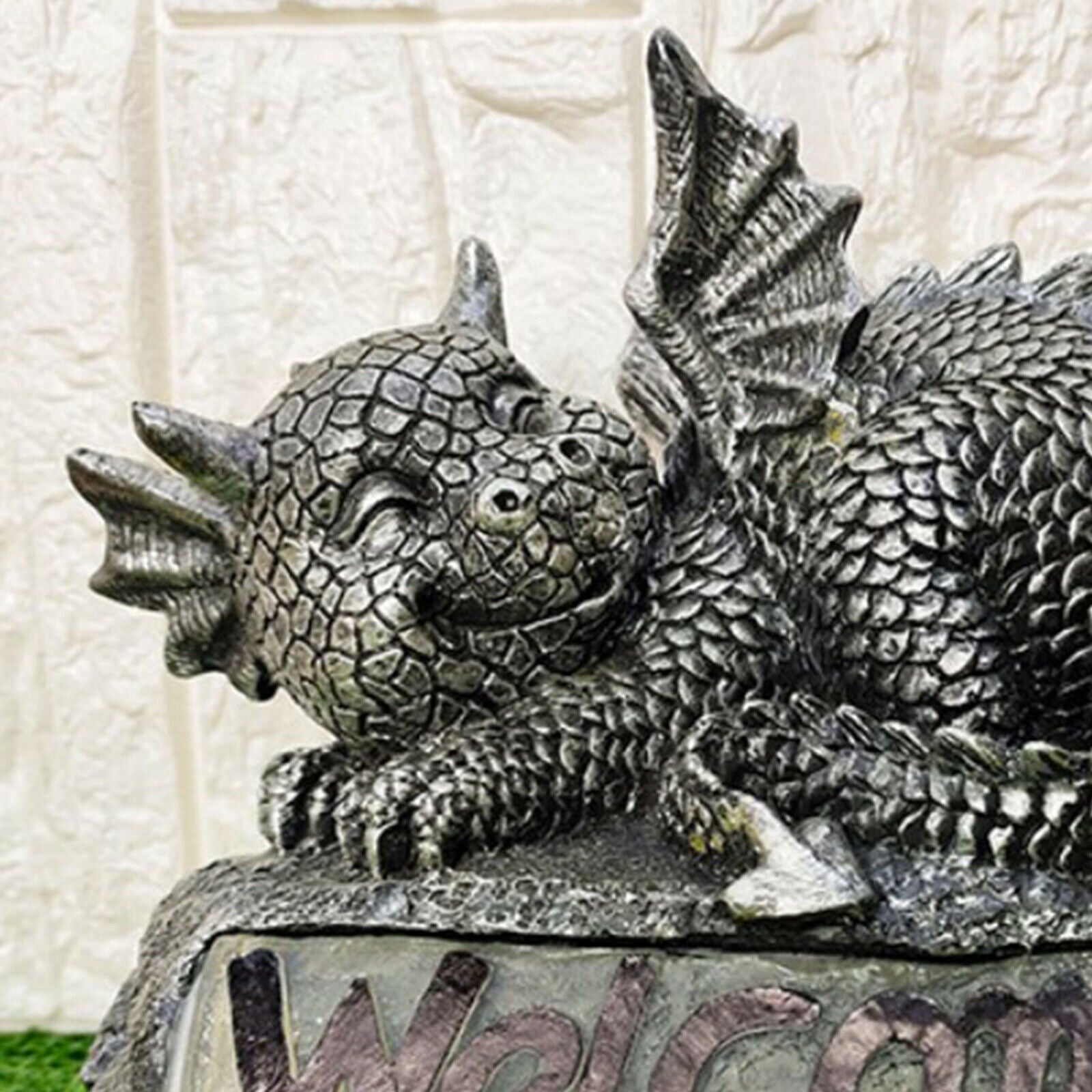 Solar Powered LED Welcome Sign Patio Garden Sleeping Dragon Statue Ornament