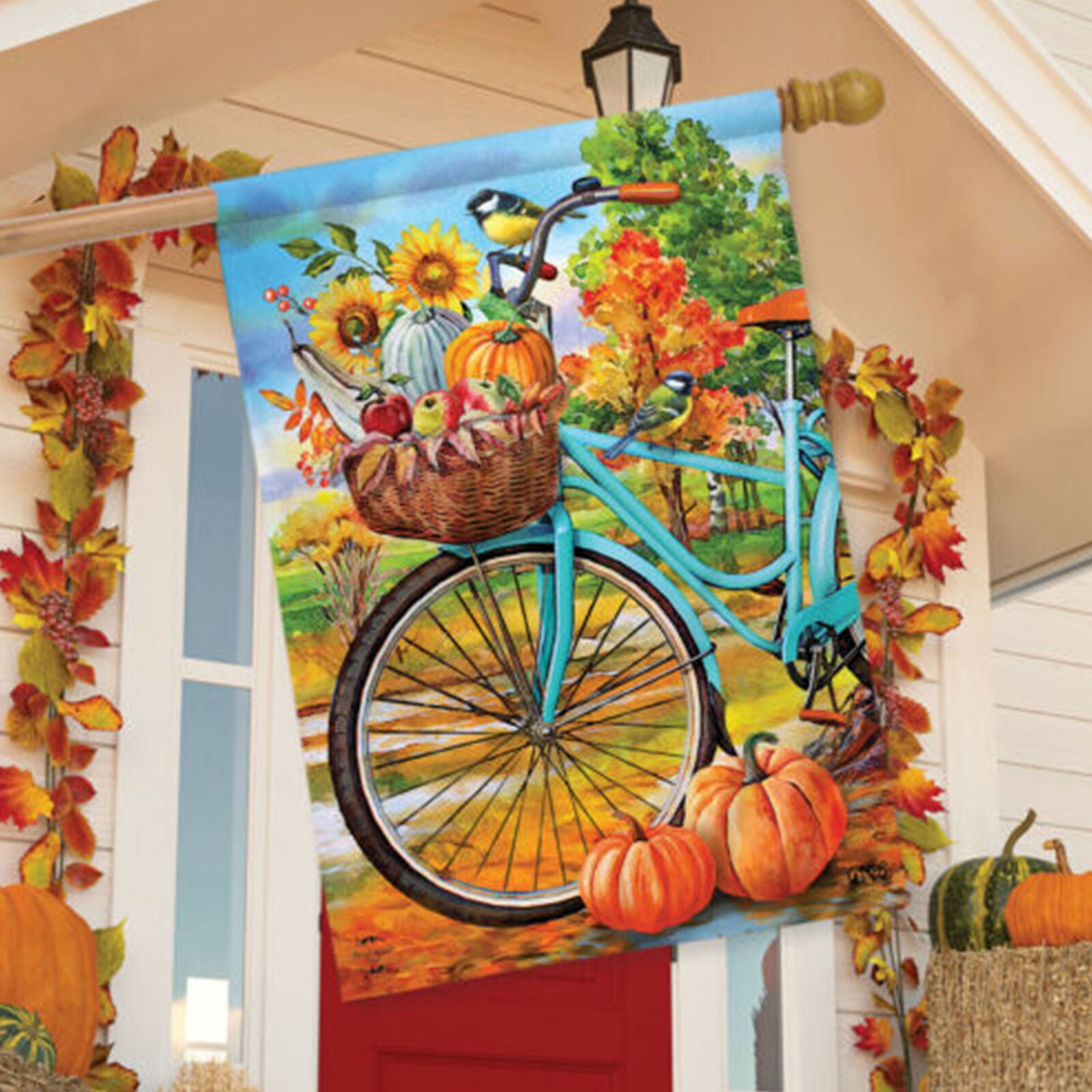 Autumn Bicycle House Flag Pumpkins Sunflowers 28" x 40" Briarwood Lane