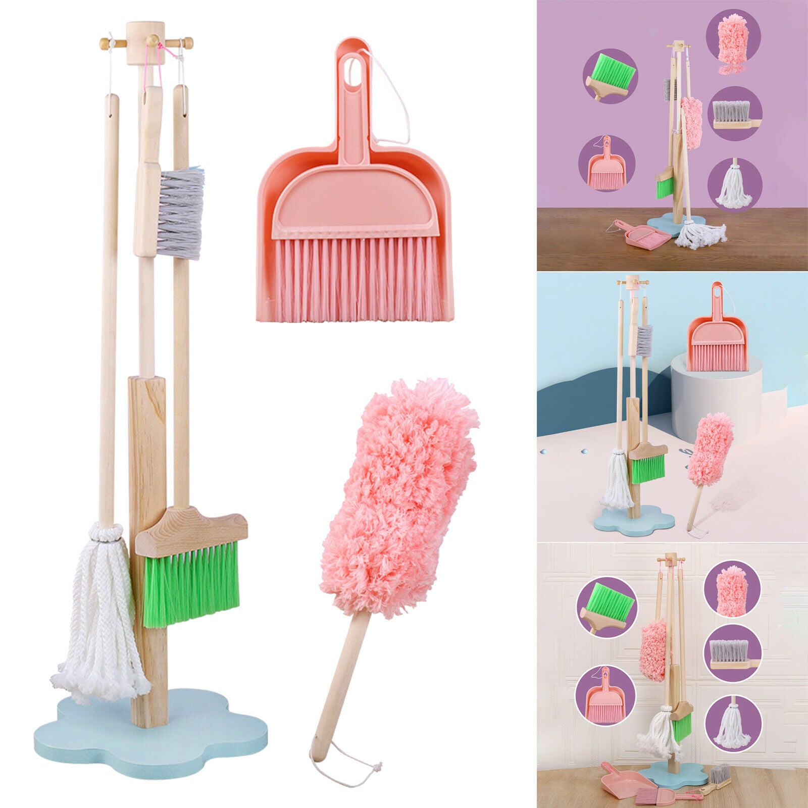 Wooden Children Cleaning Tools Set Mini Broom Mop Dustpan for Kids Housework