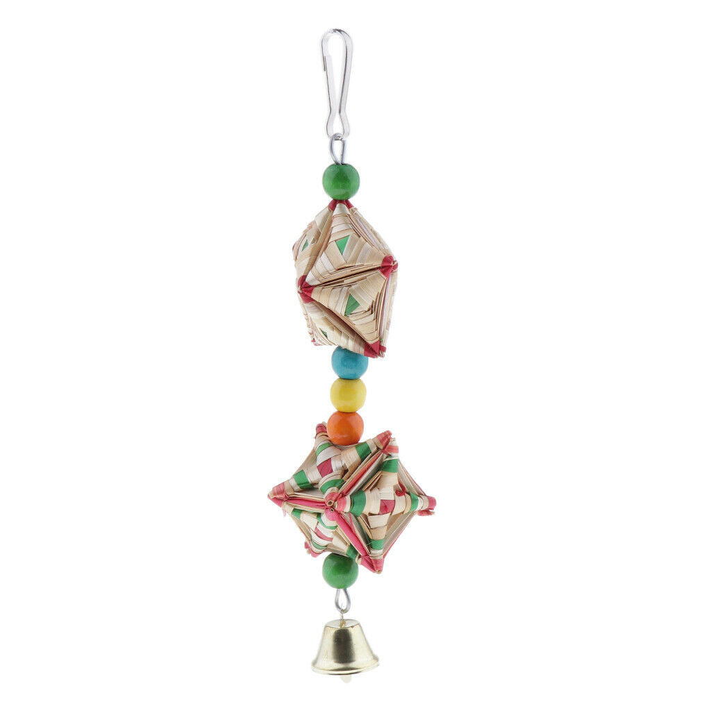 Natural Straw Bird Chewing Toys with Bells Hanging Parrot Toys Bird Cage Pendant