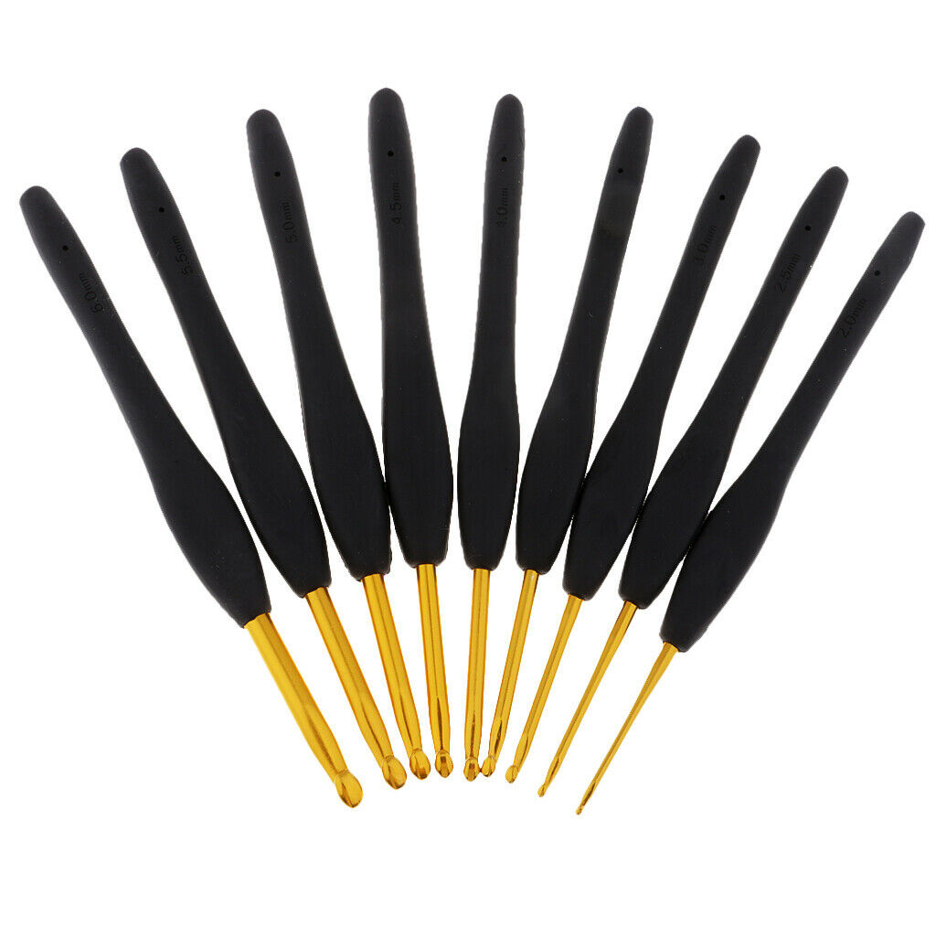 9 Sizes Black Soft Handle Aluminum Crochet Hooks Needles with Case 2mm-6mm