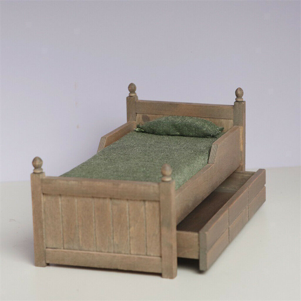 1/12 Scale Wooden Queen Bed with Mattress & Pillow Bedroom Furniture Scenery