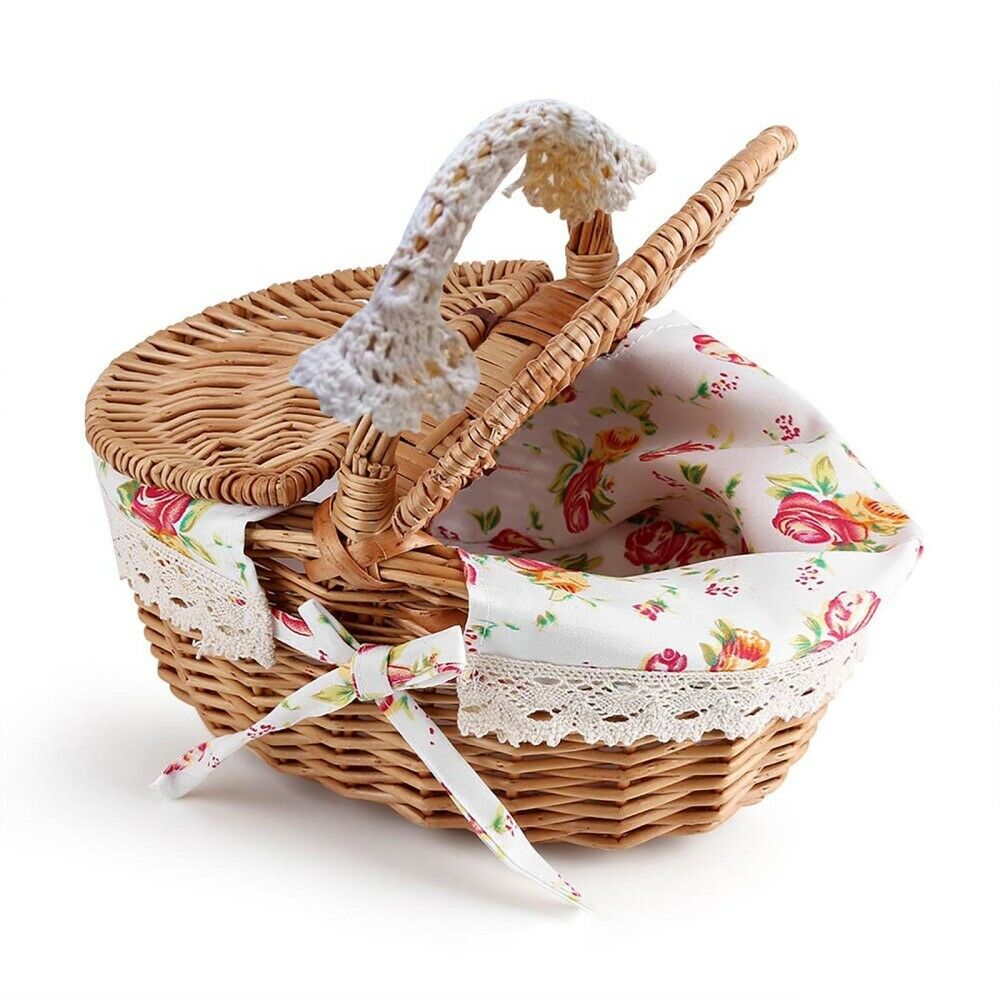 Wicker Linen Picnic Basket Food Storage Hamper Wooden Handle Camping Handmade