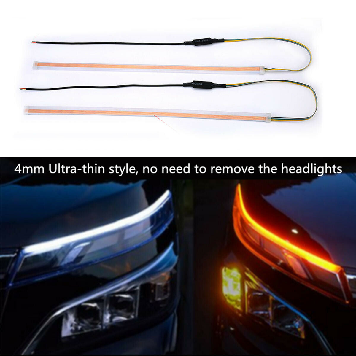 Car LED Headlight Light Bar Eyebrow DRL Turn Signal Flowing Lamp White+Amber 2pc