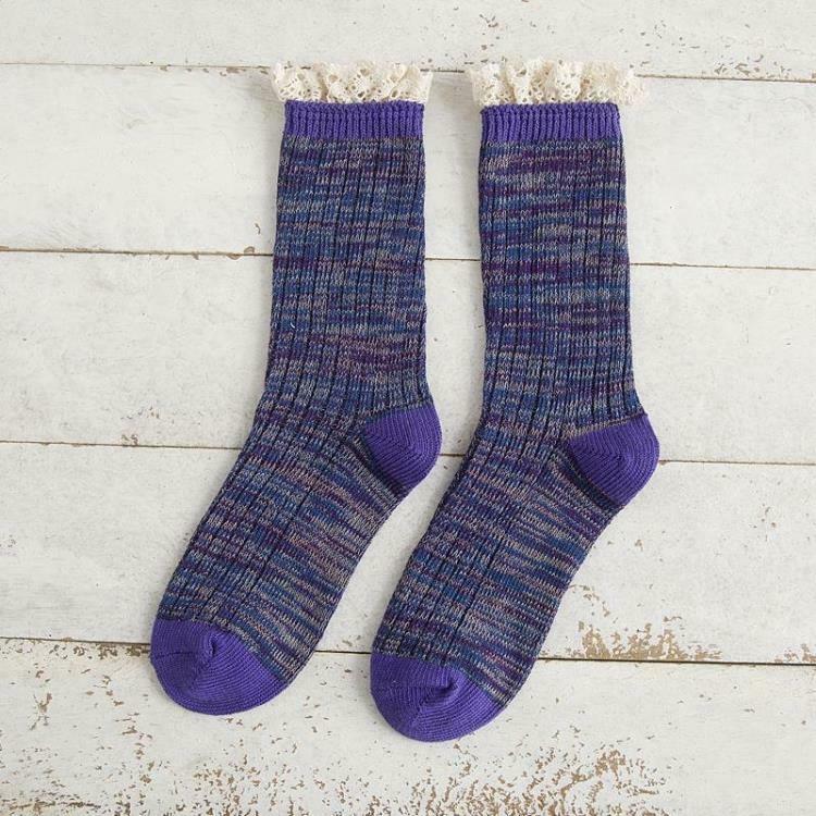 3 Pairs Women's Socks Cotton Blend Lace Ruffle Two Tones Knit Socks Thick Winter