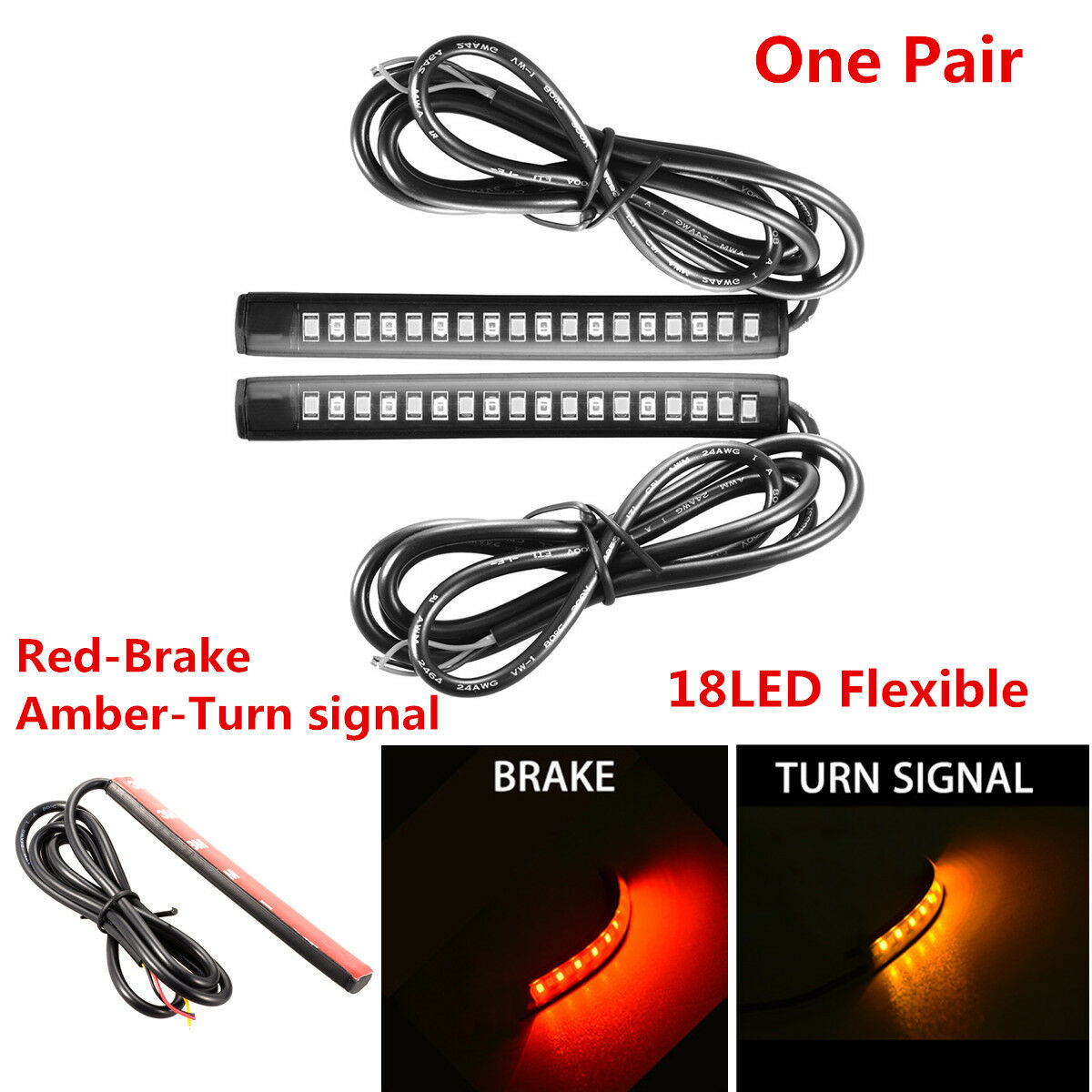 2x Universal Flexible 18LED Amber/Red Car Tail Brake Stop Turn Signal Taillight