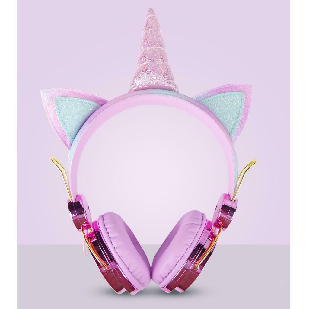 1x Unicorn Cartoon Glitter On Ear Headphone with Microphone for Girl Children