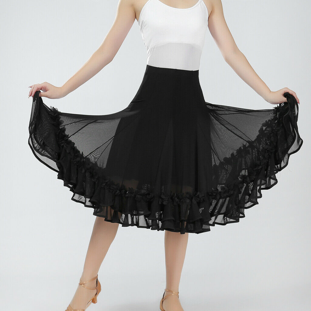 Flamenco Ballroom Waltz Dance Big Swing Skirt Tulle Modern Costume Black