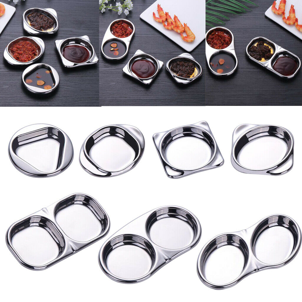 Stainless Steel Seasoning Dish Sauce Sugar Spice Dipping Bowl Double Square