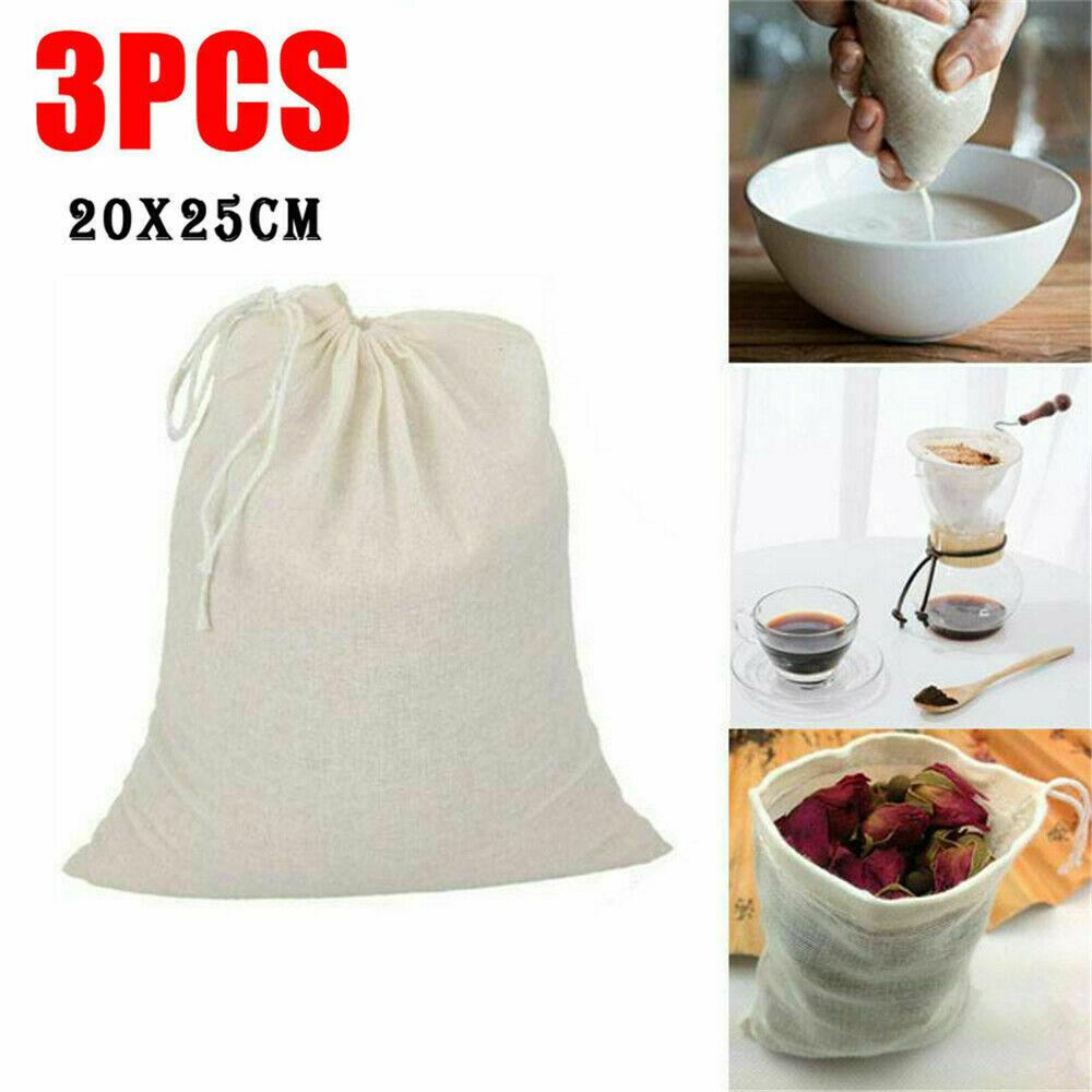 3* Cotton Nut Milk Bags Reusable Food Strainer Brew Coffee Juice Cheese Cloth ~