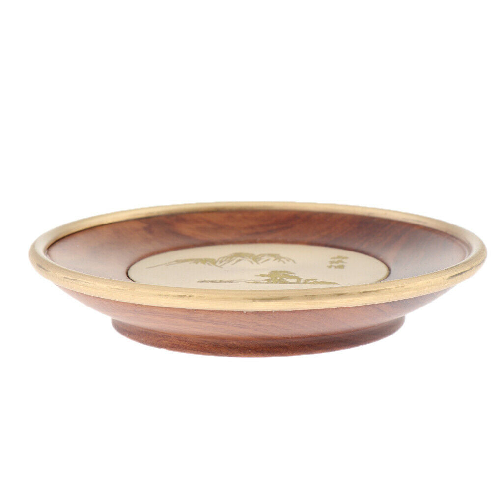 2 Pieces Wooden Tea Mat Copper Wrapped Edging Scenery Pattern