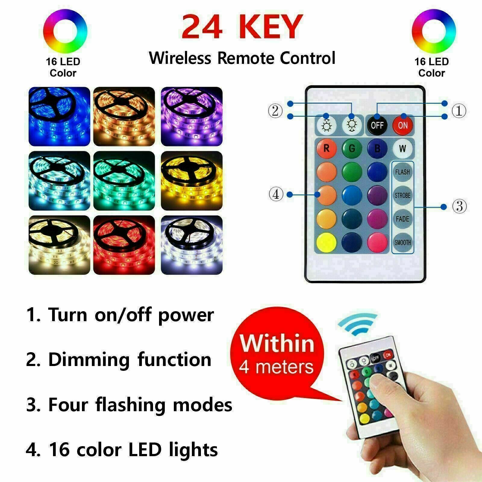LED Strip Light Waterproof IP65 5M 12V 24key IR Controller Adapter 5050 RGB New