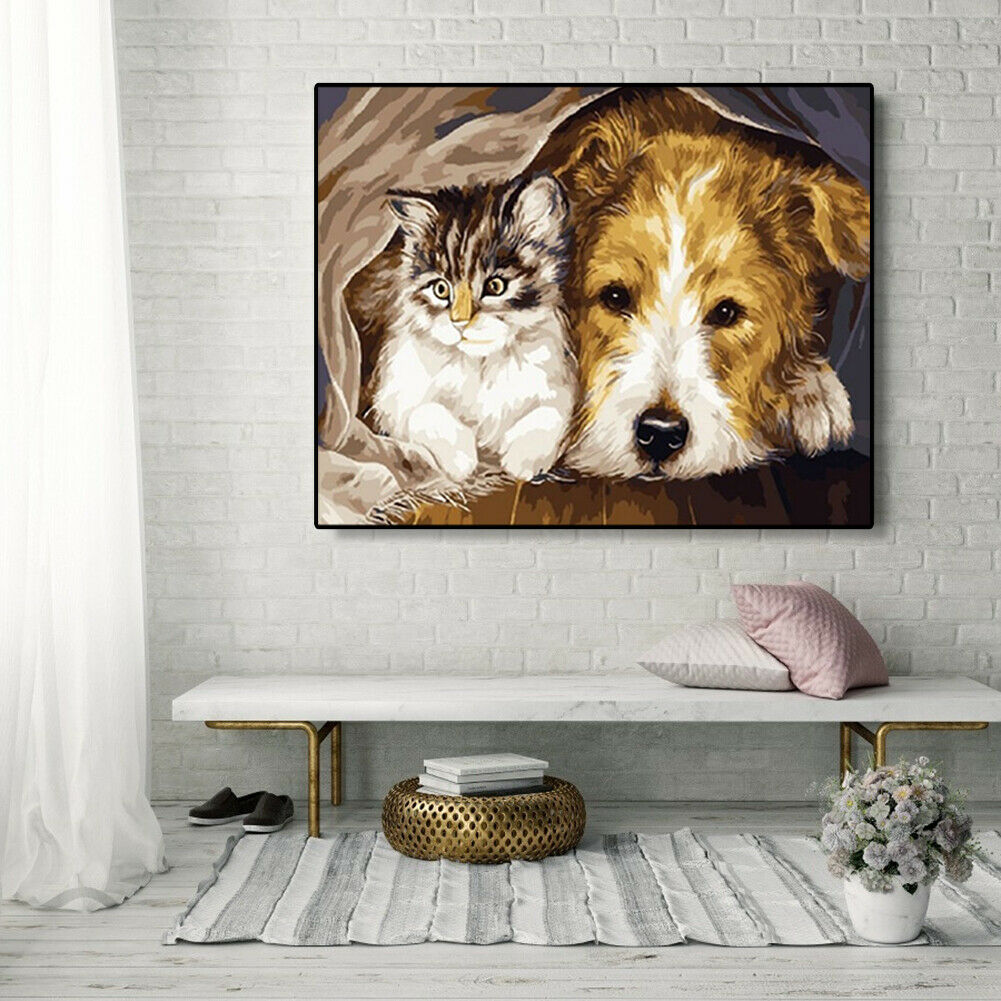 DIY Digital Oil Painting By Numbers Staying Dog Cat Acrylic Animal Picture @