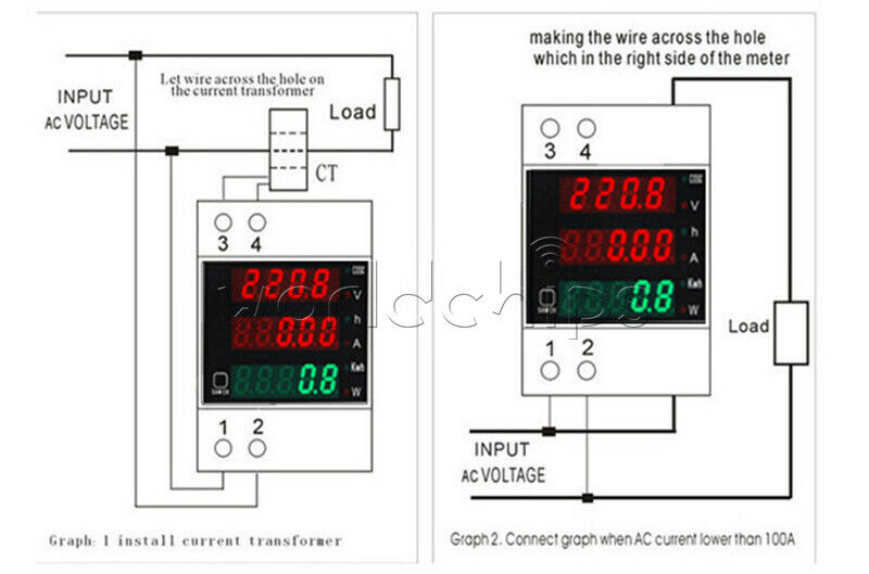 D52-2047 DIN Rail Type Digital  AC Voltmeter Ammeter Power Meter AC 80-300V 100A