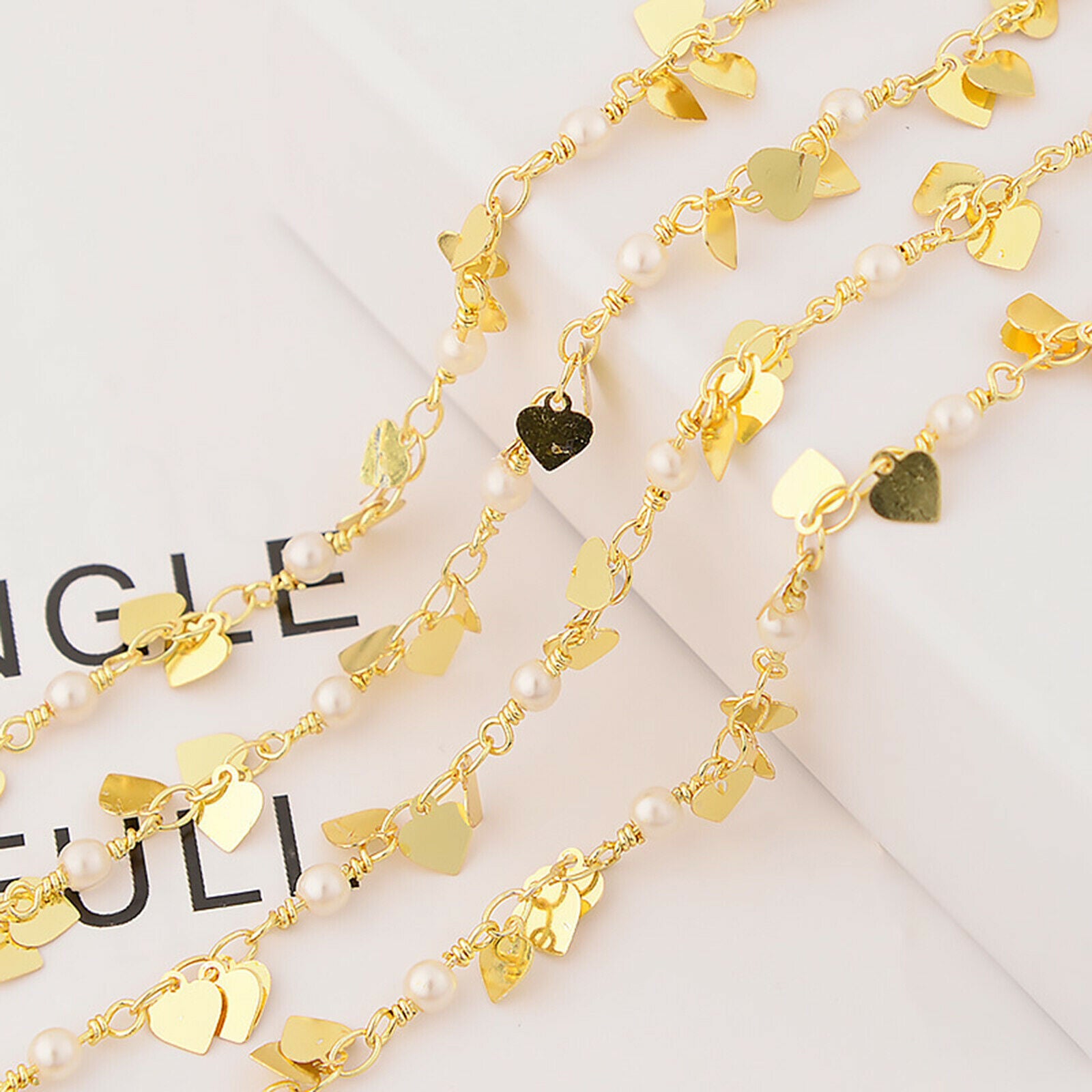 Pearls Beads Heart Charms Handmade Link Chain for