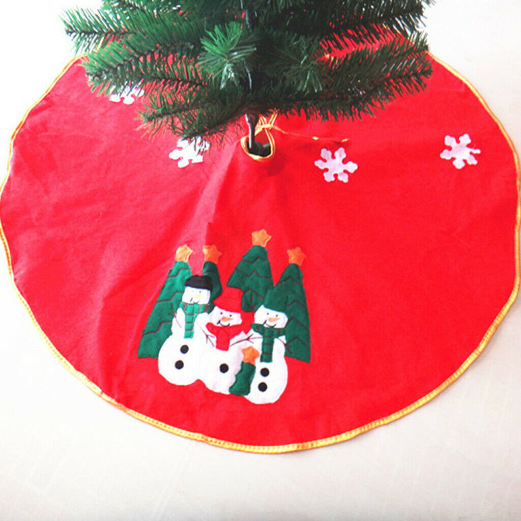 90cm Christmas Tree Skirt 3 Snowman Trees Snowflakes Pattern Applique Decor