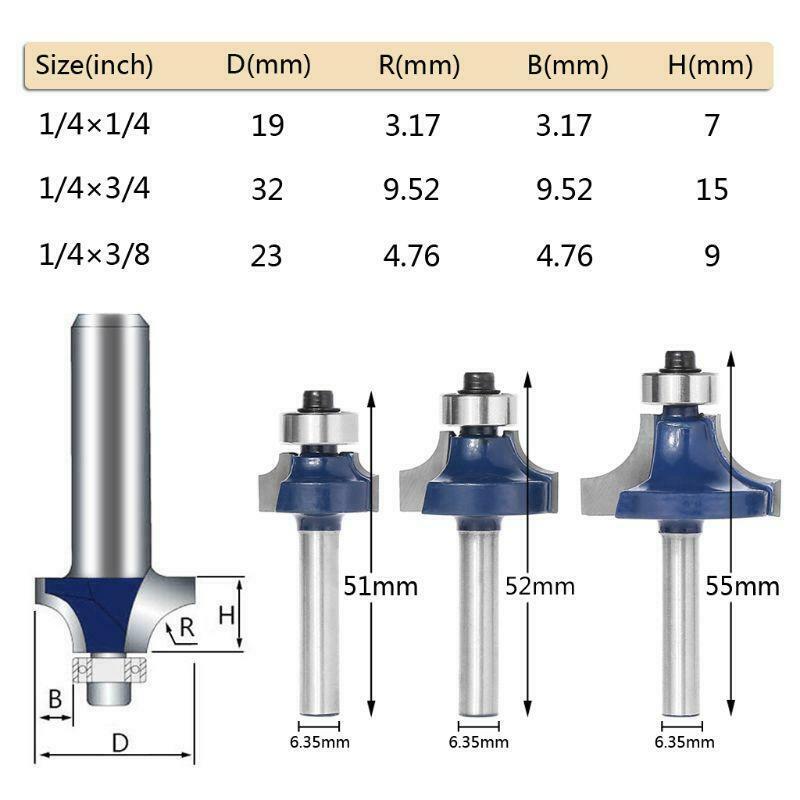 3 Pcs Radius 1/4" Shank Round Over Beading Edging Router Bit Set For Woodworking