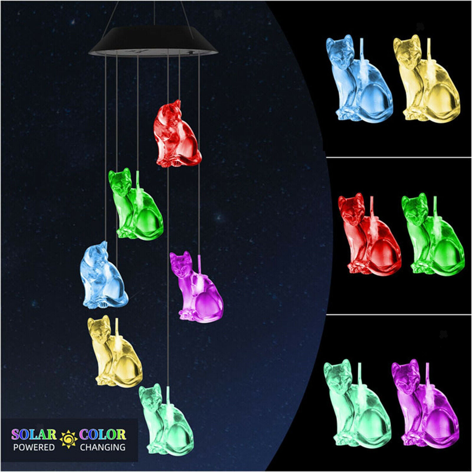 Hanging Romantic Creative Cat Solar Wind Chime LED Lamp Garden Yard Ornament