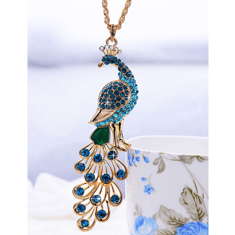 Blue Colorful Crystal Rhinestone Big Peacock Animal Pendant Necklace 2019