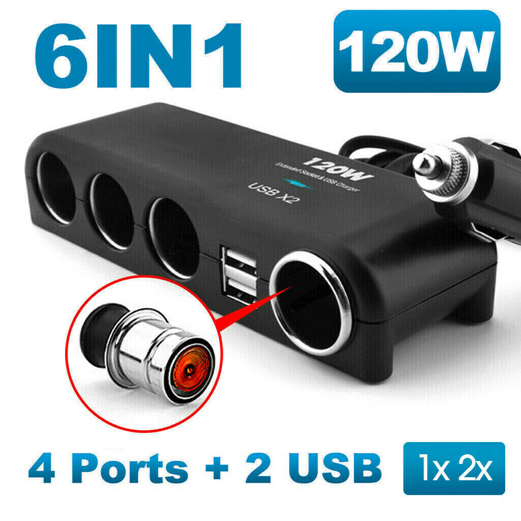 Car Cigarette Lighter 4 Way Multi Socket Splitter Charger 12V/24V 2 USB Port