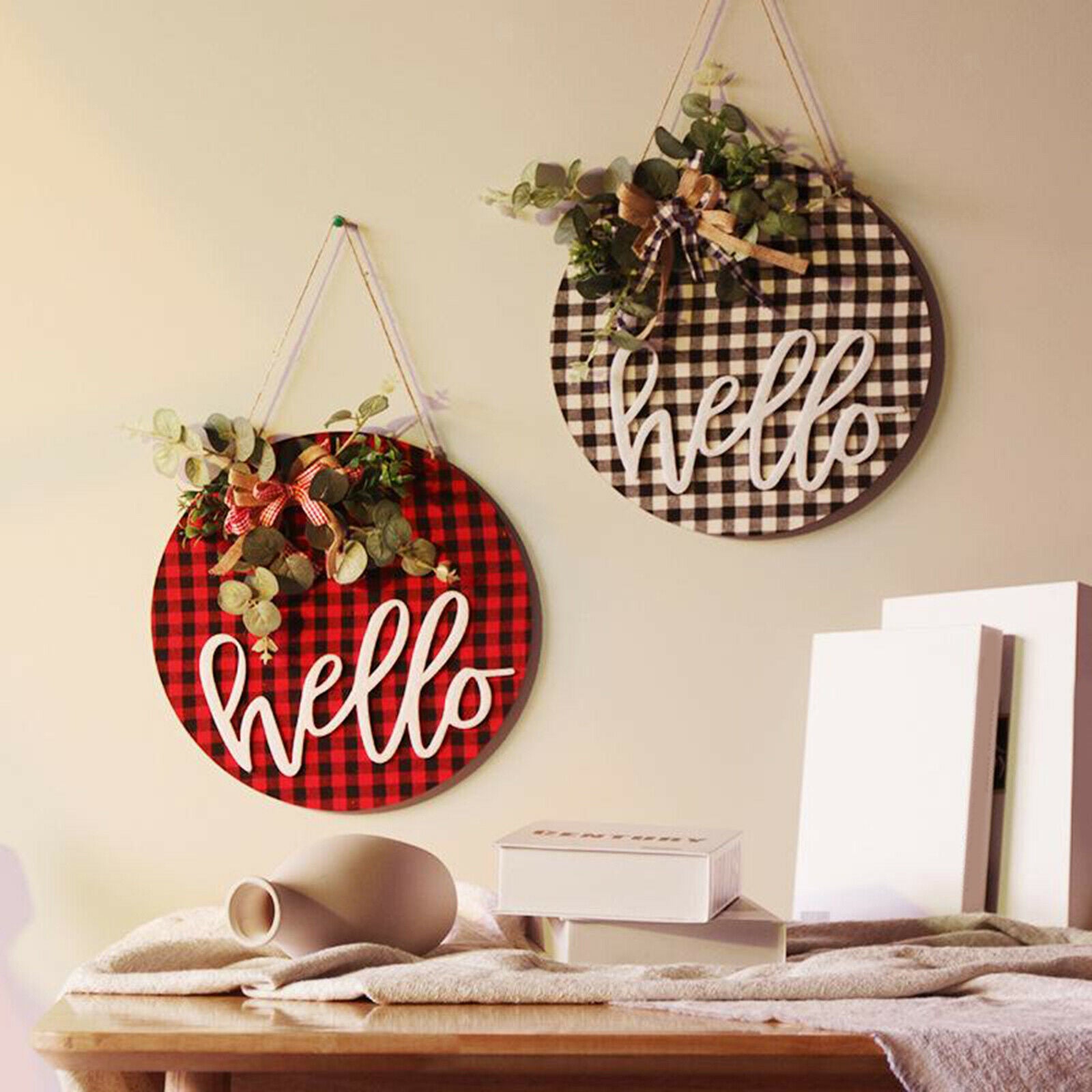 Easter Day Welcome Sign Rustic Front Door Hello Text for Farmhouse Porch Red and