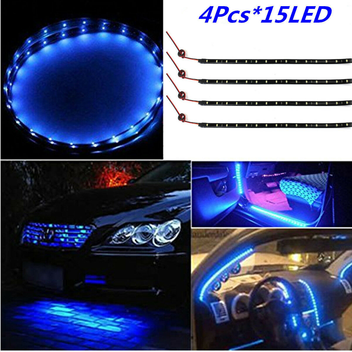 4pc 15 LED 30CM Flexible Car Grill Light Strip/ Interior Lamp Waterproof SMD 12V