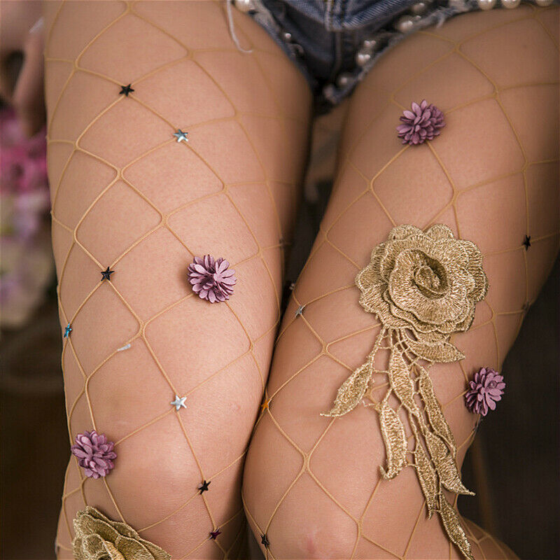 Women Fishnet Tights Floral Embroidered Stockings Pantyhose Dance Clubwear Sexy