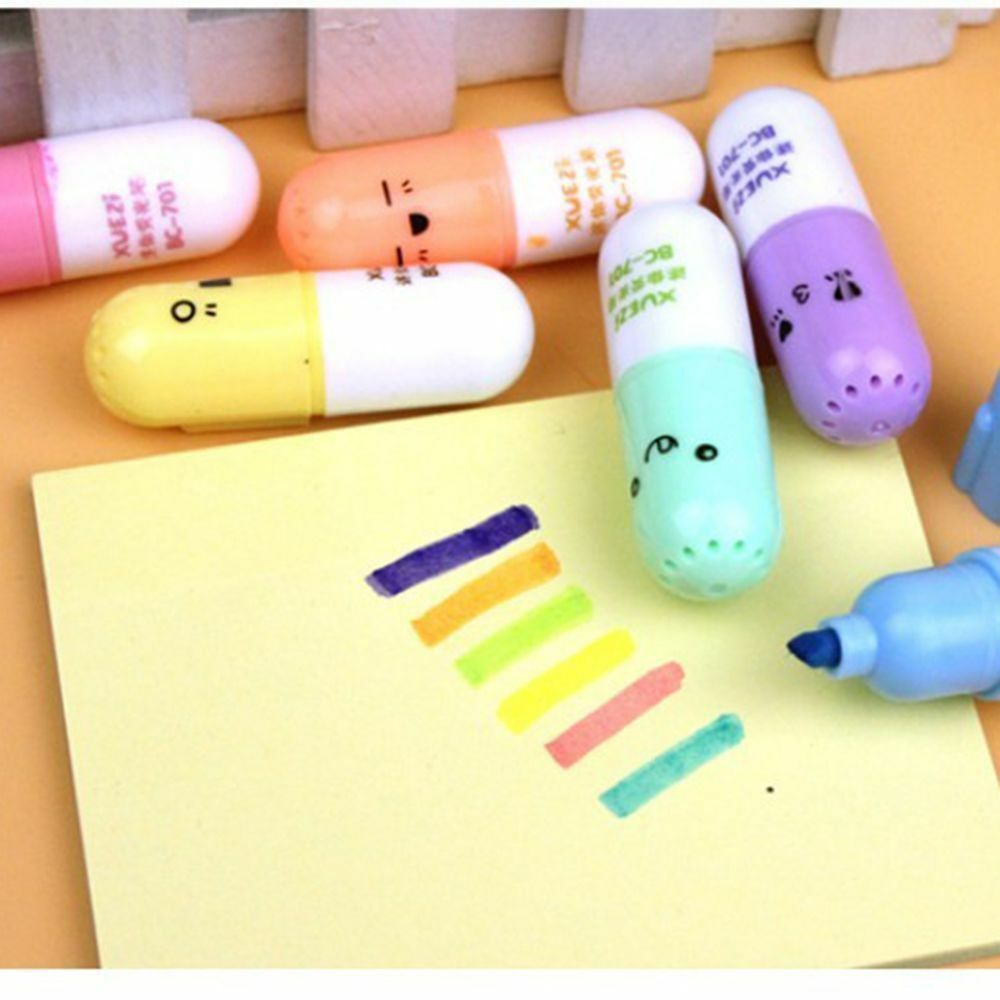 6 Colors Highlighter Marker Pen Bookmark Drawing Marker Kids Stationery Cute Set
