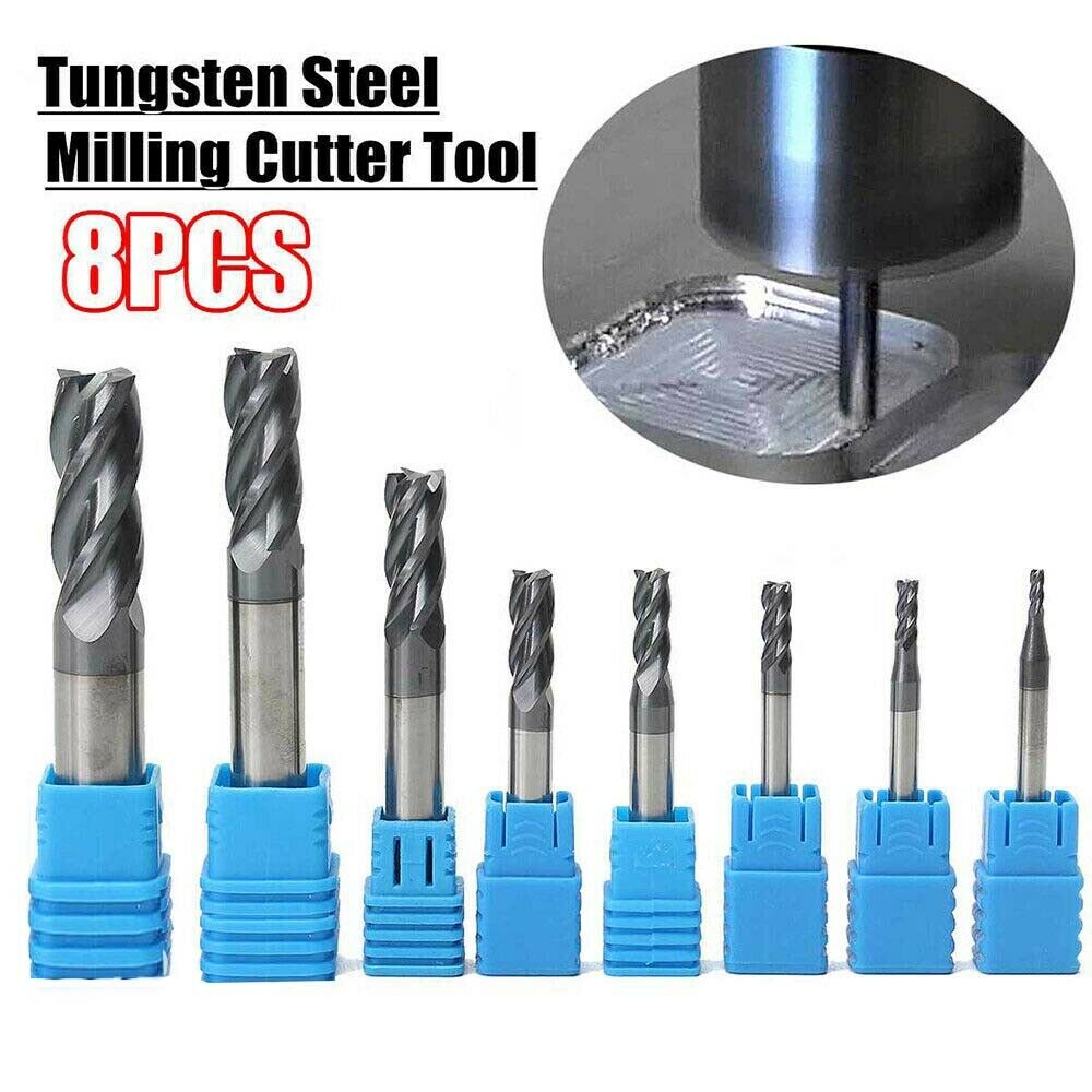 8pcs 4Flutes 2mm-12mm HRC45 Tungsten Carbide End Mill Set Milling Cutter Tool