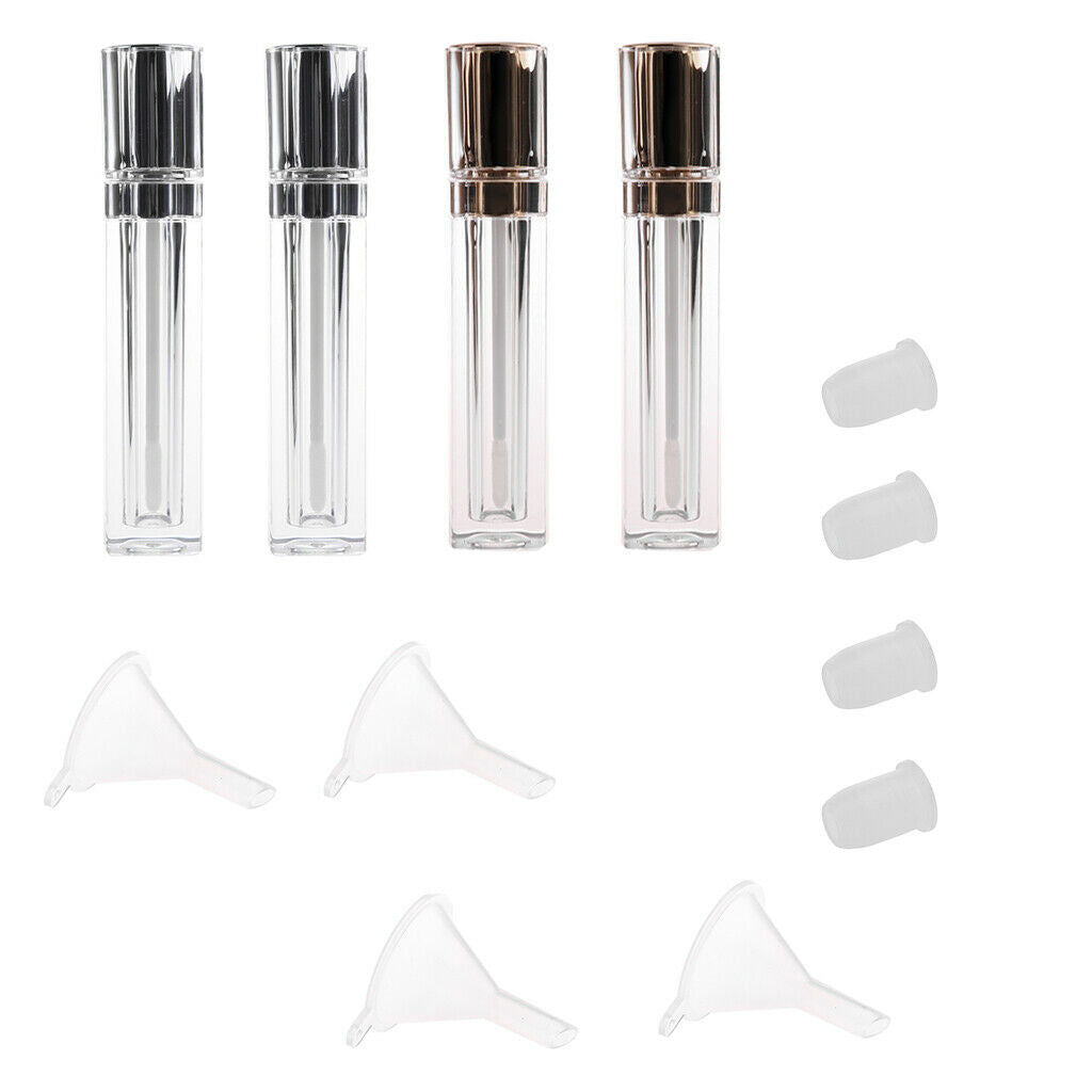 4 Pieces Empty Plastic Tube 8ml Makeup Lip Gloss + 4pcs Funnel + 4pcs Caps