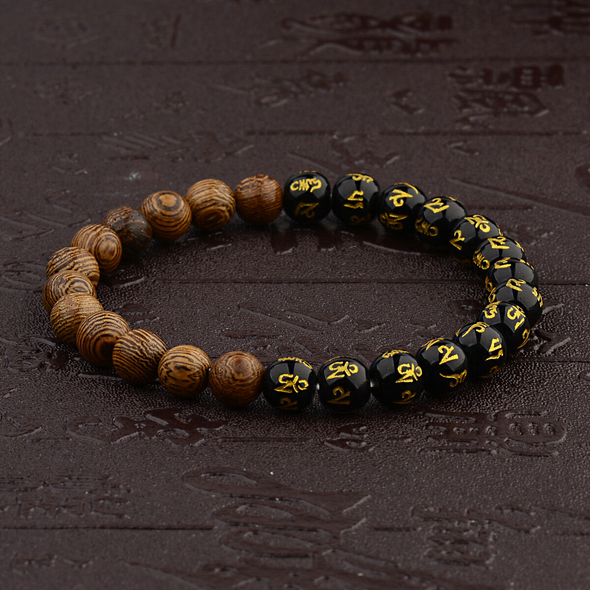 8mm Tibetan Black Agate & Wooden Bead Carve Mantra Om Mani Hum Amulet Bracelets
