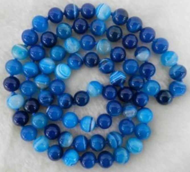10mm Natural Blue Stripe Agate Onyx Gem Round Beads Necklace 34"