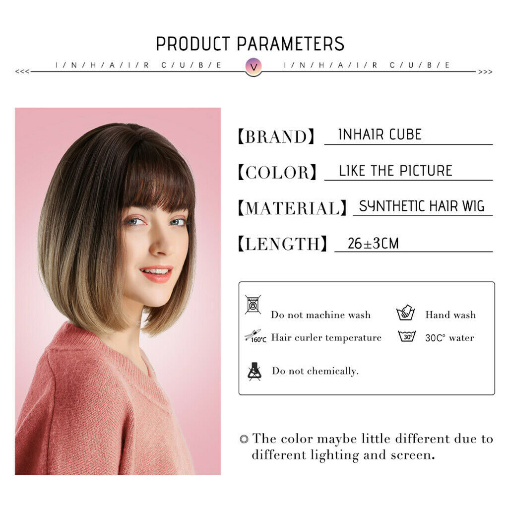 11inch Short Bob Synthetic Wig with Flat Bangs Heat Resistant Black to Brown