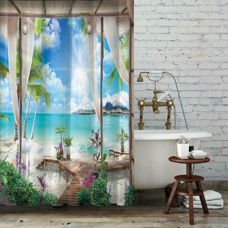 Beach Palm Waterproof Landscape Shower Curtain Ocean Scenery Bath Curtain Decor