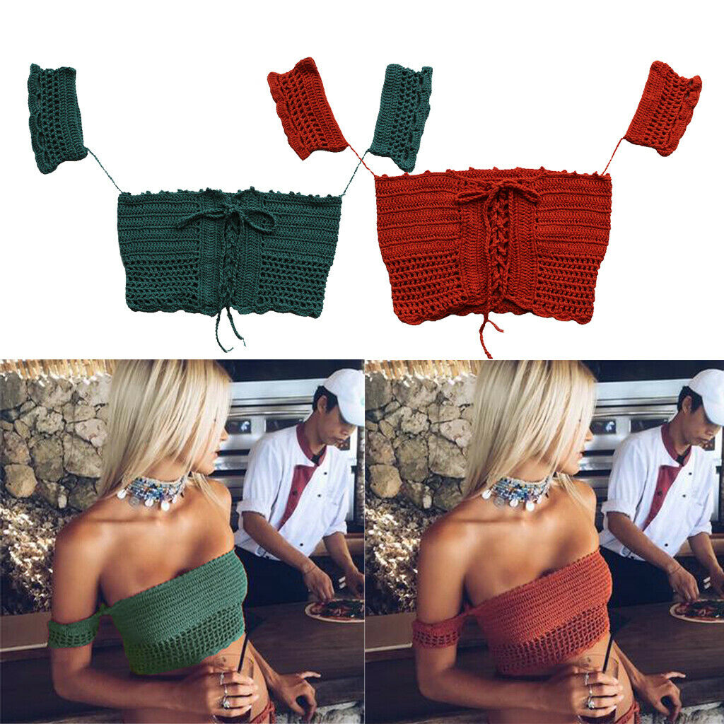 Women's Bandage Crochet Lace Knit Boho Beach Bikini Swimwear Crop Tops Red