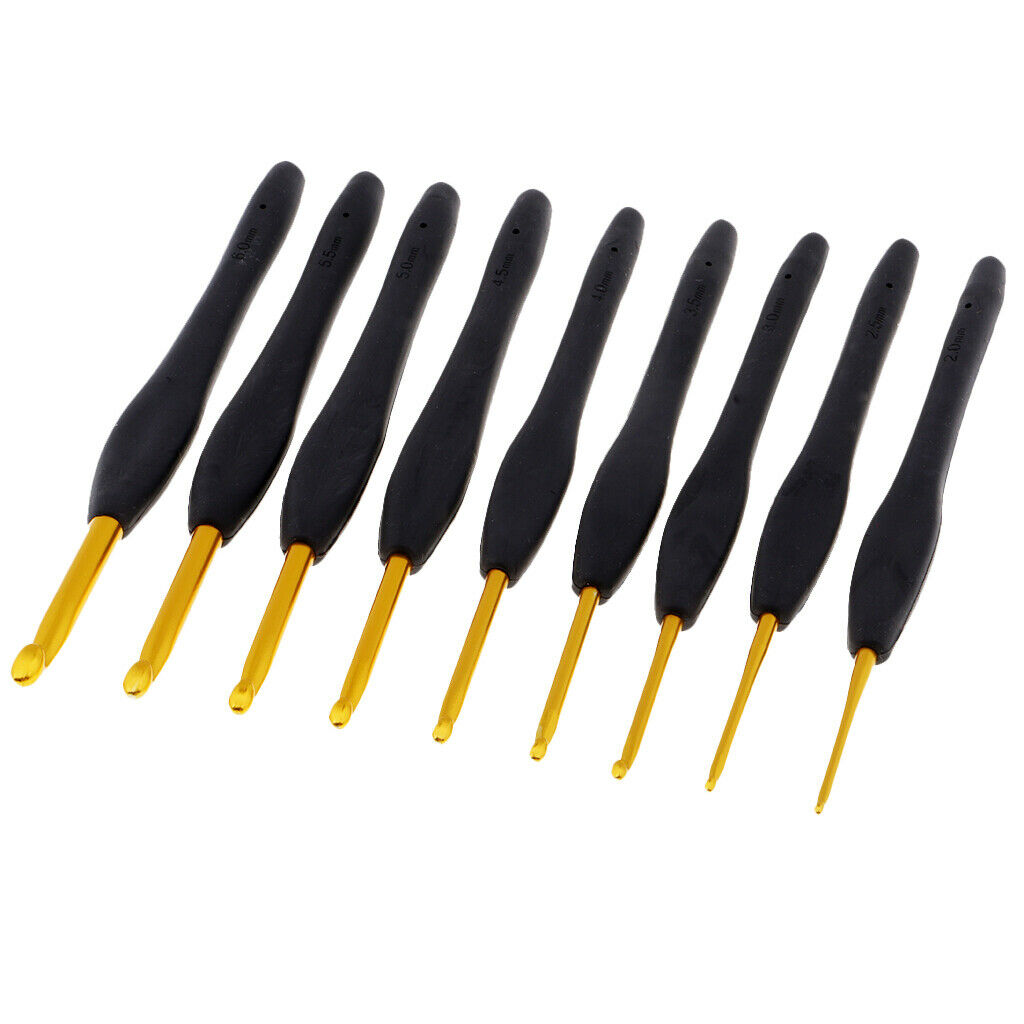 9 Sizes Black Soft Handle Aluminum Crochet Hooks Needles with Case 2mm-6mm