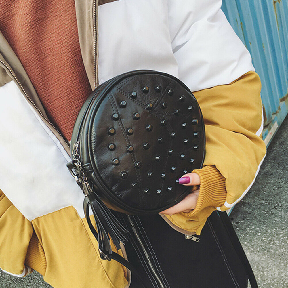 Women Sheepskin Rivet Cute Round Mini Shoulder Bag Crossbody Bag Black @