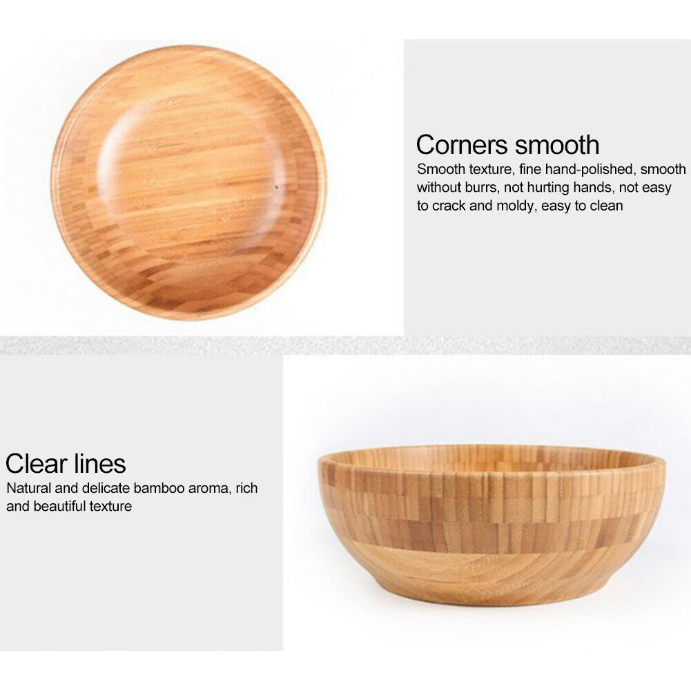 Bamboo Salad Bowl Round Serving Bowl Natural Wood Dishware for Fruit Snacks