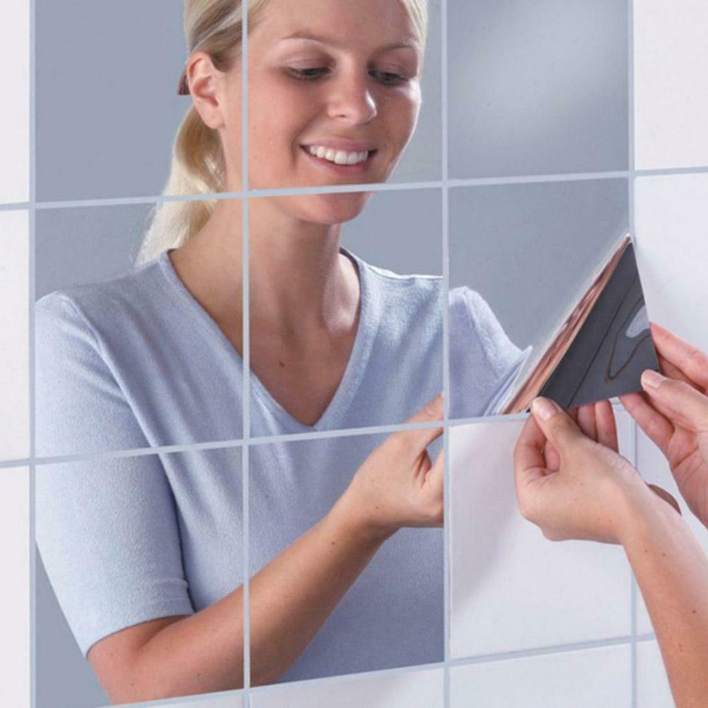 16pcs Mirrors Self-adhesive Tiles Mirror Wall Stickers for Home Decor @