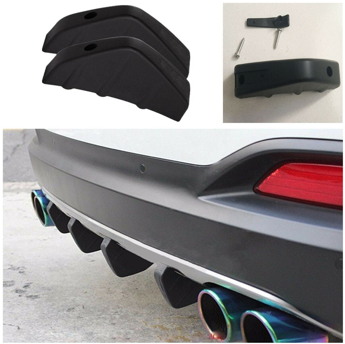 4Pcs Black Shark Fins Shape PVC Car Rear Bumper Diffuser Decor Car Exterior Look