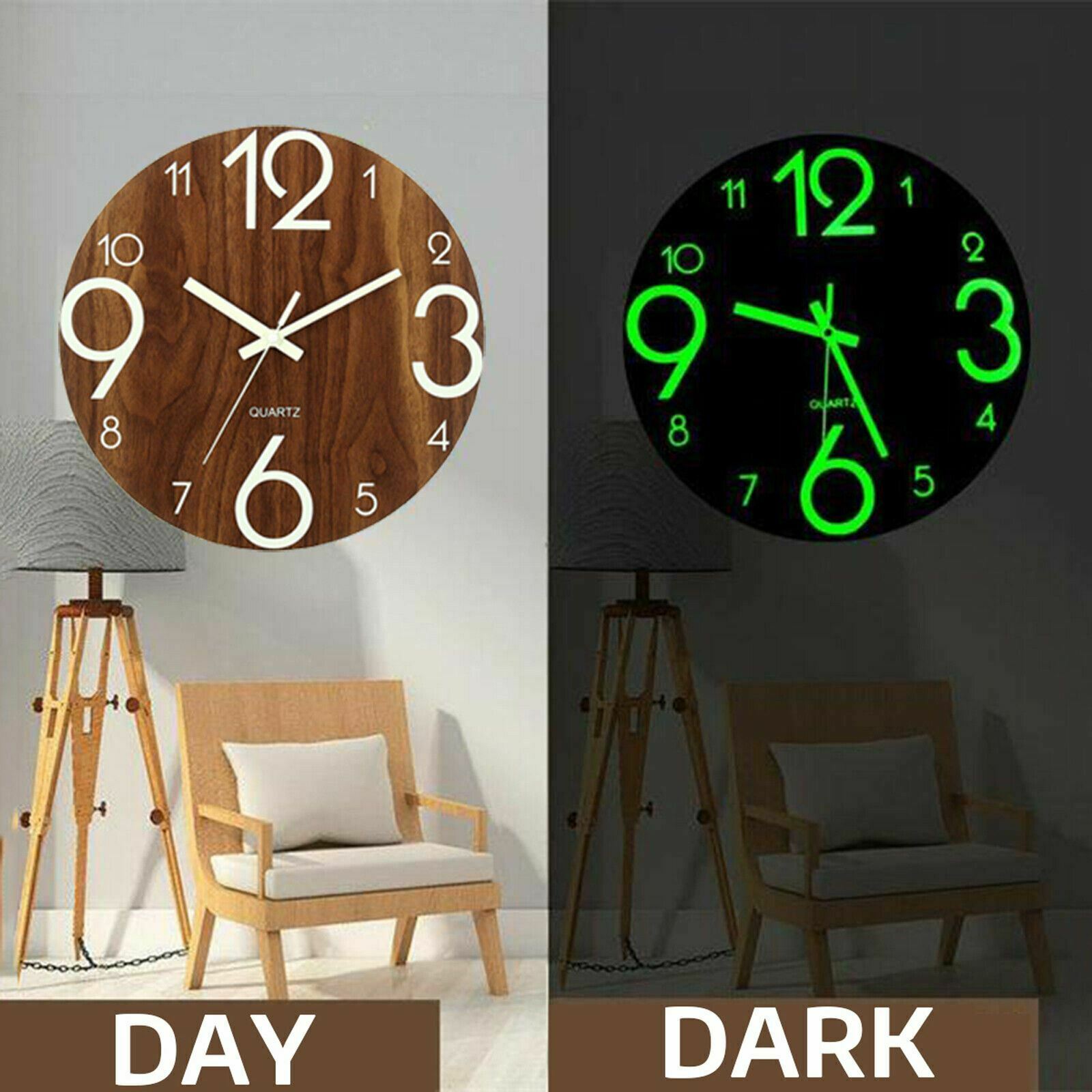 12" Luminous Silent Non Ticking Wooden Glow In Dark Home Decor Quartz Wall Clock
