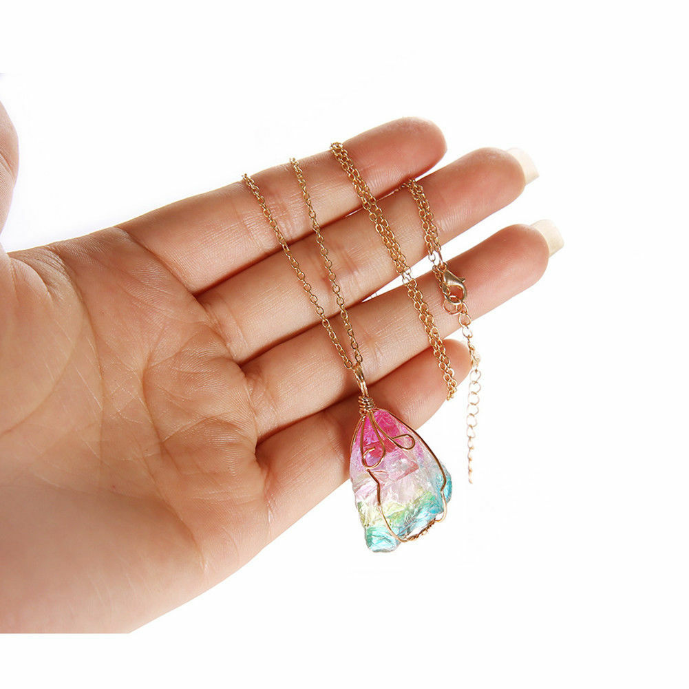 Rainbow Natural Crystal Stone Chakra Rock Chain Quartz Pendant Necklace Jewelry