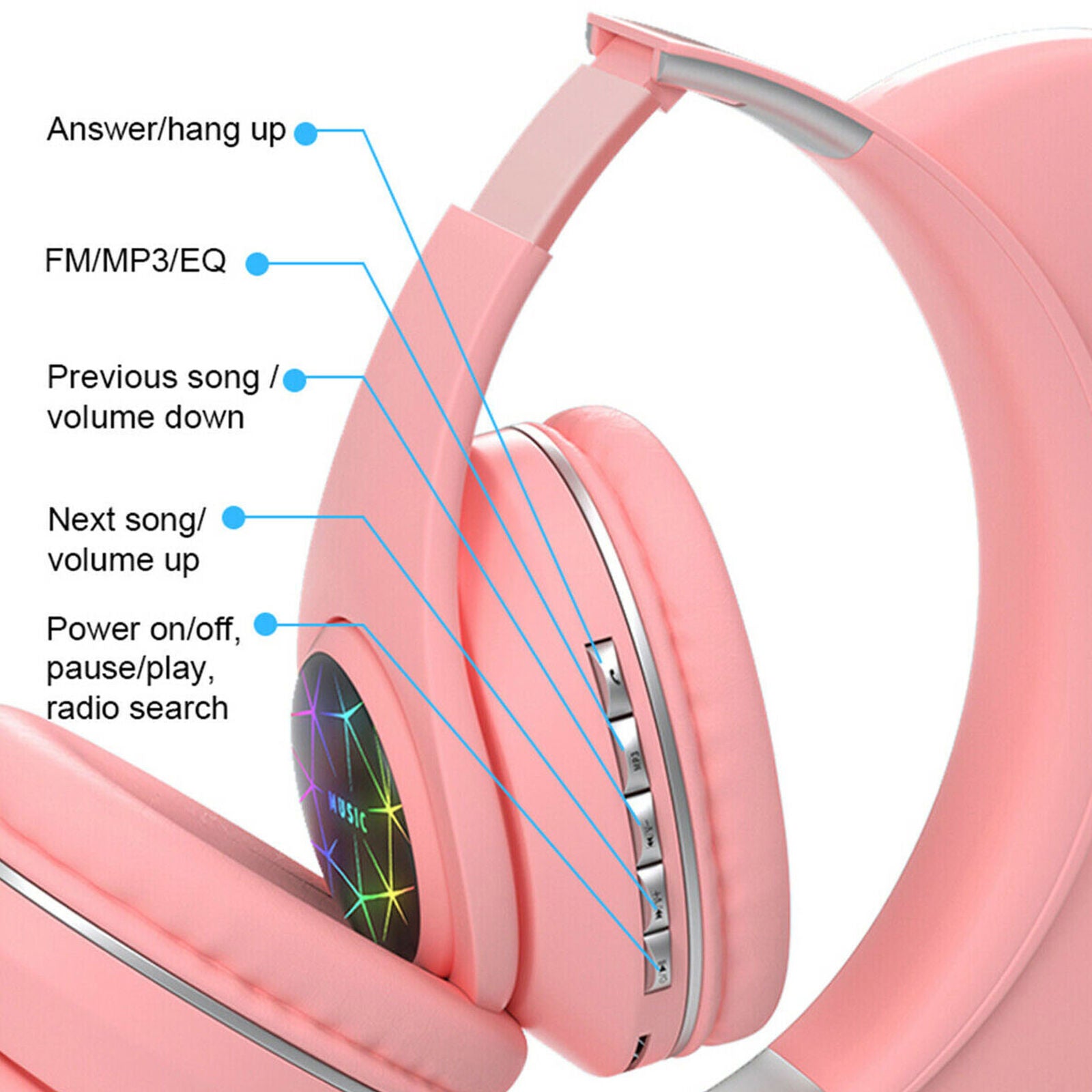 Bluetooth Wireless Cat Rabbit Ear Headsets LED w/Mic Headphones For Girls Gift