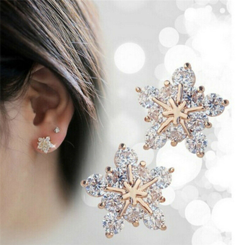 Ladies Cute Snowflake Crystal Stud Earrings Small Five-pointed Star Earrin.l8