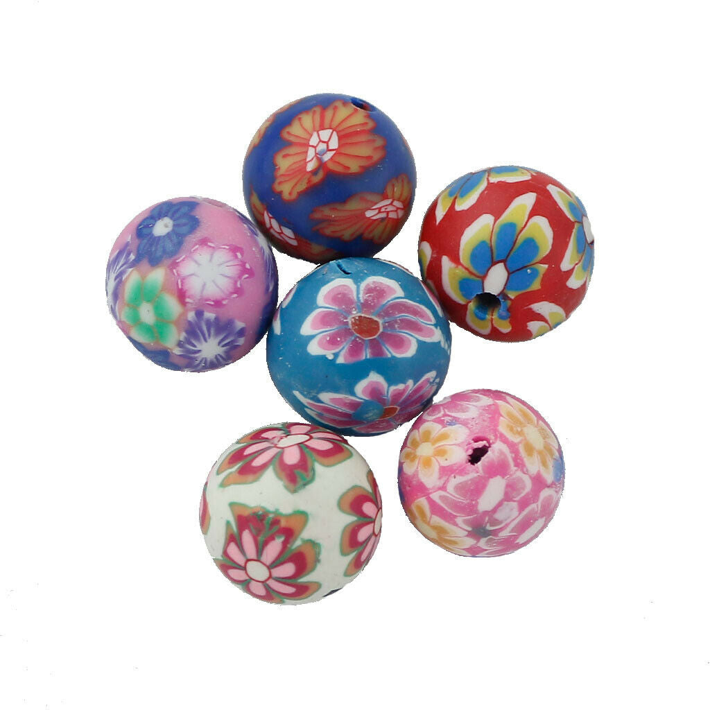 50x Assorted Floral Polymer Clay Round Beads for Jewelry Bracelets Making