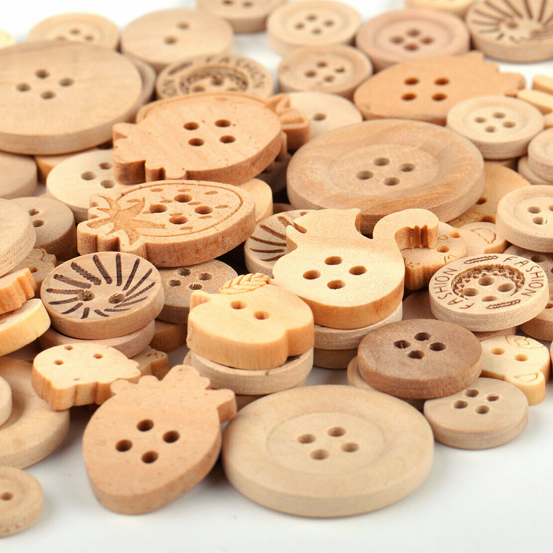 100x 4 Holes Mixed Shape Fruits Animals Wooden Buttons for DIY Sewing Craft An